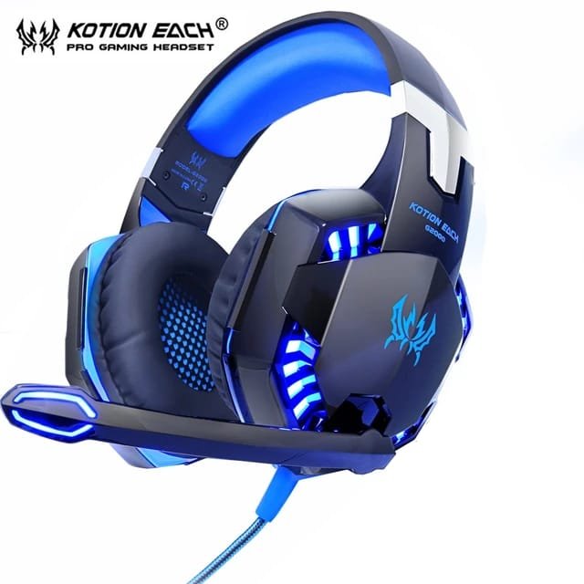 سماعة الألعاب KOTION EACH PRO G2000 Gaming Headset بصوت ستيريو مع محركات 50 مم، ميكروفون قابل للطي، وإضاءة LED ديناميكية لون (ازرق)