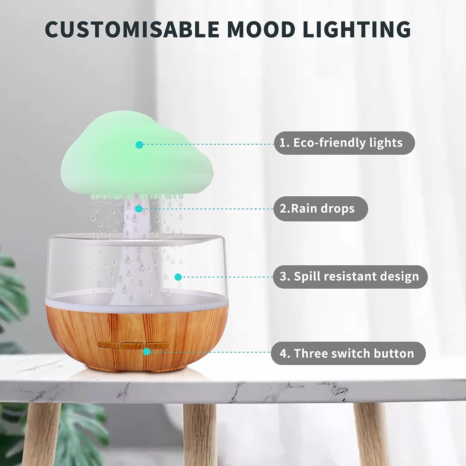 مرطب هواء السحابة الممطرة مع صوت قطرة الماء و7 أضواء LED للنوم والاسترخاء