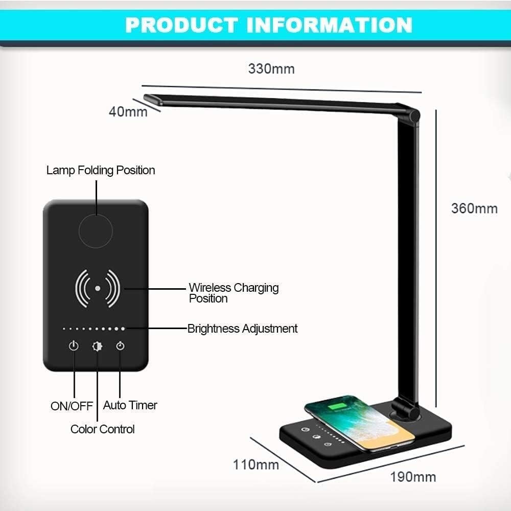 مصباح LED مع شاحن لاسلكي مزود بمنفذ شحن USB لشحن الاجهزة الذكية وتزيين الغرف لون اسود