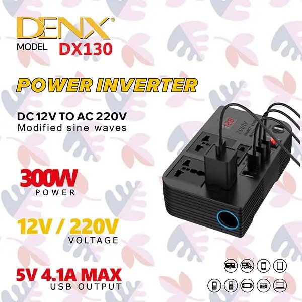 محول طاقة للسيارة DENX DX130 بقوة 300 واط لتحويل 12 فولت إلى 220 فولت مع شاشة رقمية، وأربعة منافذ USB.