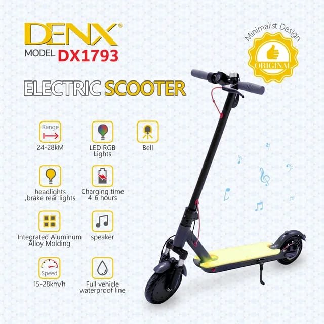 سكوتر كهربائي DENX DX1793 قابل للطي للبالغين - سرعة تصل إلى 28 كم/ساعة، بطارية بمدى 28 كم، إطارات هوائية 8.5 بوصة، ونظام مكابح مزدوج .