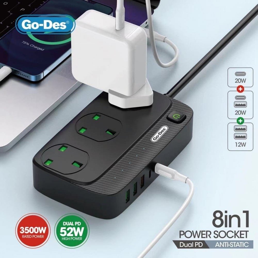 توصيلة طاقة Go-Des GD-B919 (8 في 1) بقدرة 3500 واط، مع 3 مخارج طاقة و3 منافذ USB، وحماية متقدمة ضد الحرارة والكهرباء الساكنة