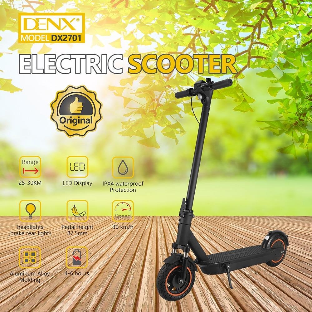 سكوتر كهربائي DENX DX 2701 بسرعة 30 كم/ساعة، مدى يصل إلى 30 كم، وحماية مقاومة للماء IPX4