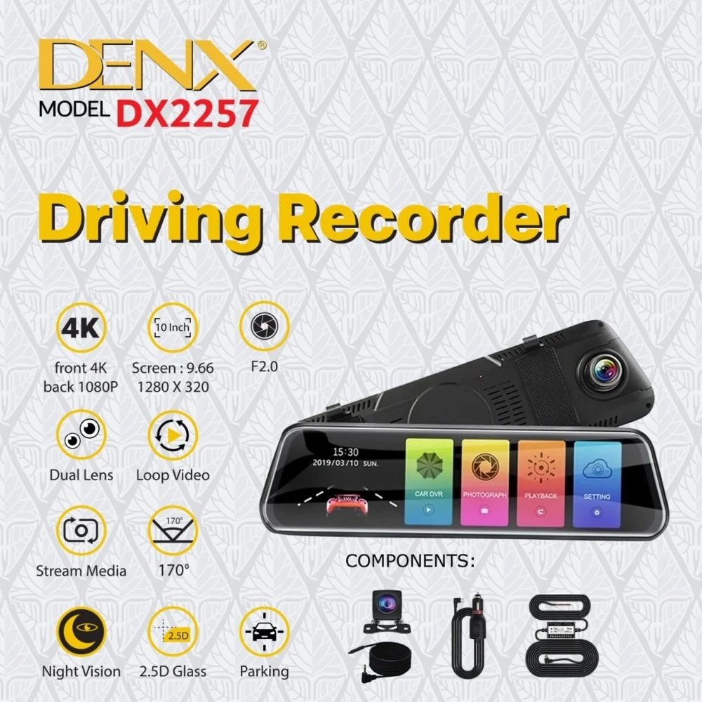 داش كام DENX DX2257 بدقة 4K مع شاشة لمس 10 بوصة، رؤية ليلية متقدمة، وعدسة بزاوية 170 درجة لتسجيل أمامي وخلفي عالي الجودة