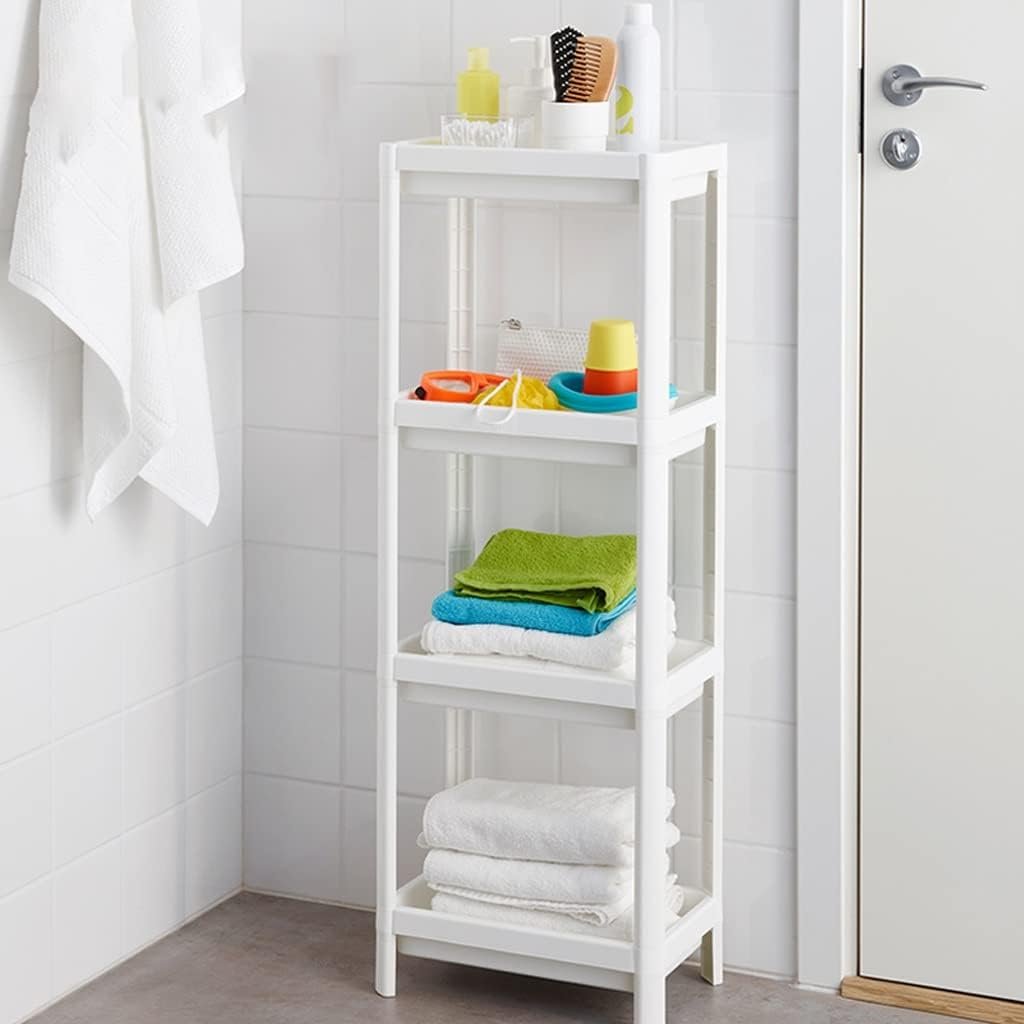 رف تخزين للحمام من أربعة أرفف لتخزين وتنظيم مختلف الأدوات لون ابيض