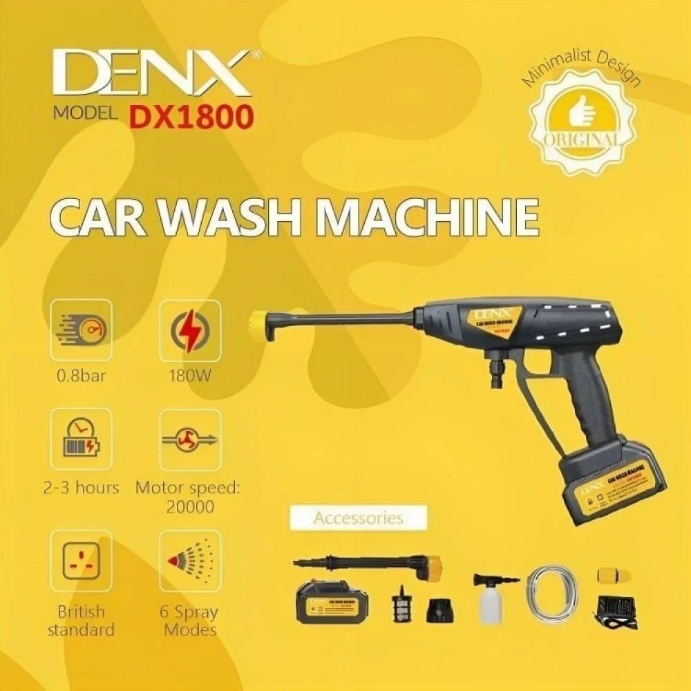 مضخة غسيل السيارات اللاسلكية DENX DX1800 بقوة 180 وات، ضغط 0.8 بار، مع 6 أوضاع رش للتنظيف