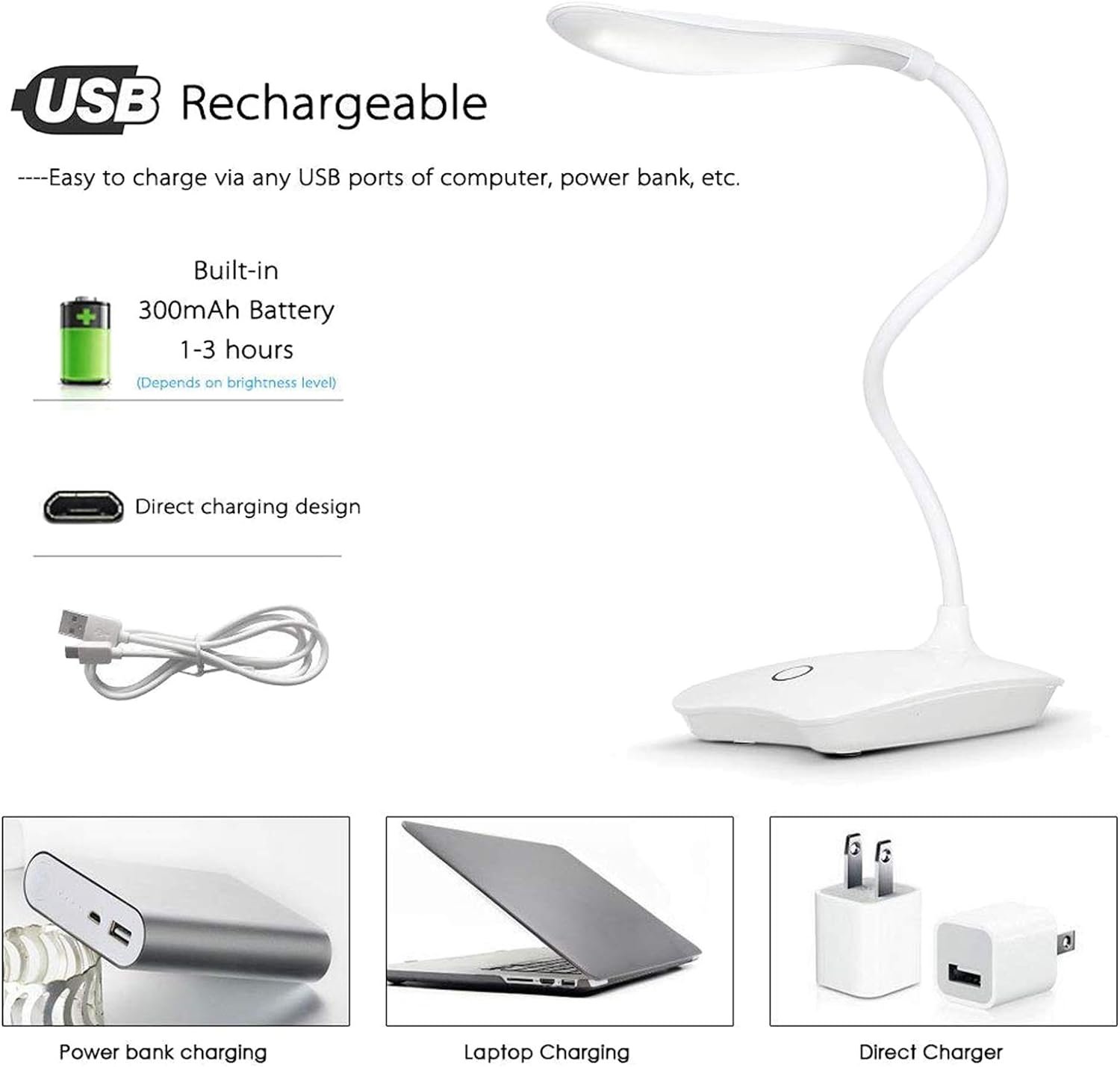 مصباح طاولة LED أبيض خفيف قابل لإعادة الشحن عبر USB ، يعمل باللمس مع رأس قابل للدوران 360 درجة و خرطوم مرن