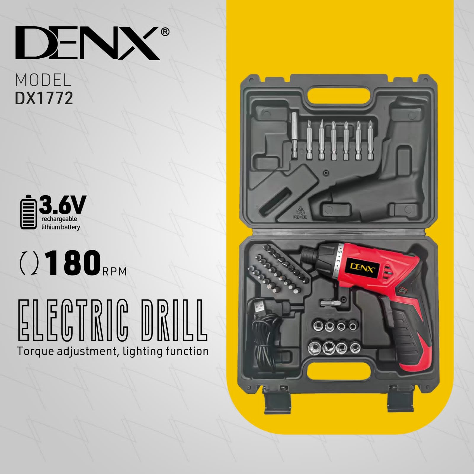 دريل كهربائي مزود بكشاف إضاءة و40 قطعة مختلفة لمختلف أنواع الصيانة  .