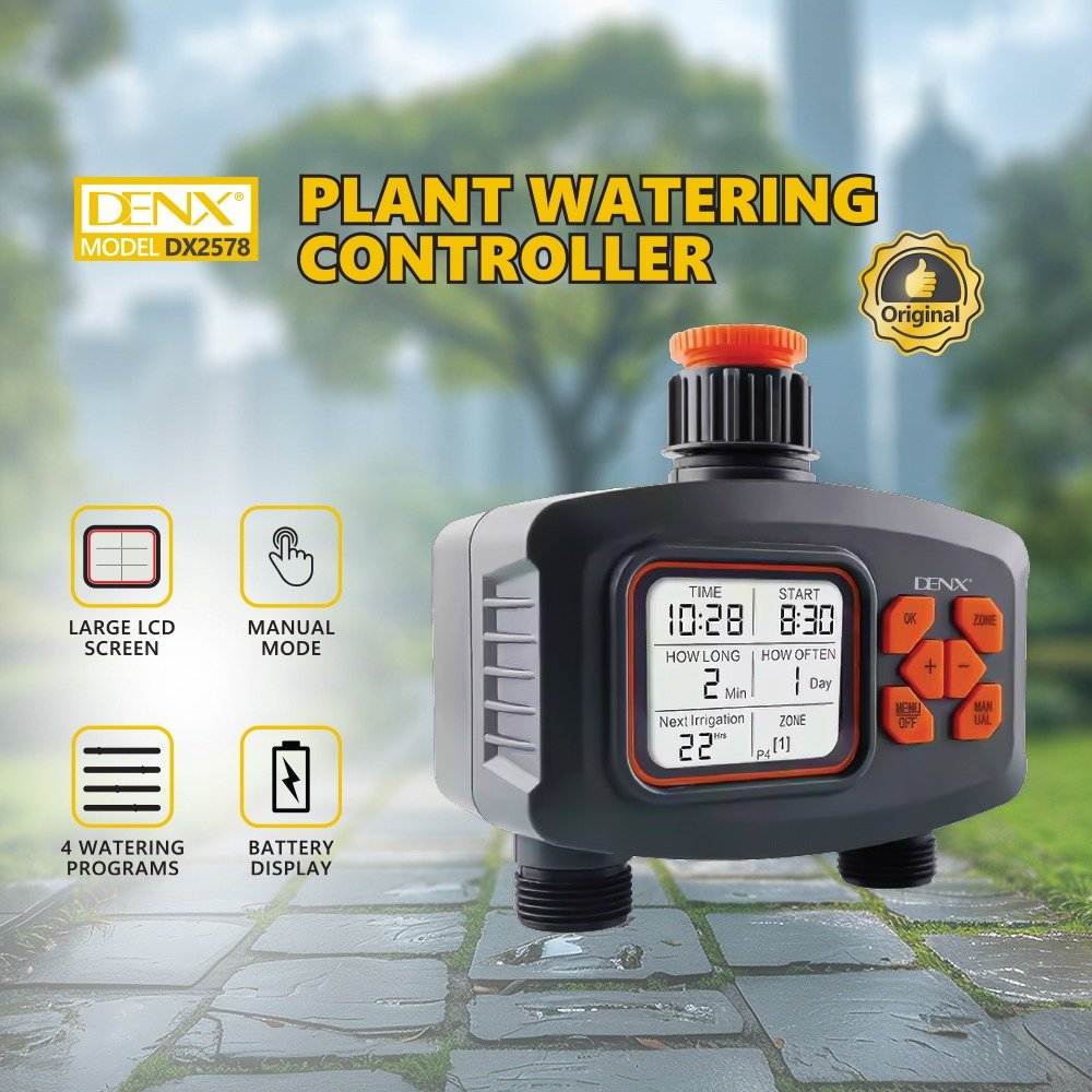 وحدة تحكم ري النباتات DENX DX2578  مع شاشة LCD كبيرة، أربعة برامج مرنة، وتوصيلات سريعة