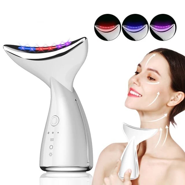 جهاز تجميل الرقبة الكهربائي DS-8822 لشد البشرة، تقليل التجاعيد، وتحفيز الكولاجين بتقنية الاهتزاز والضوء بثلاثة ألوان، وشحن USB