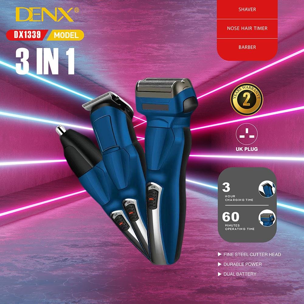ماكينة حلاقة كهربائية (3 × 1) DENX DX1339 مع بطارية قابلة لاعادة الشحن عبر منفذ USB لون (أزرق)